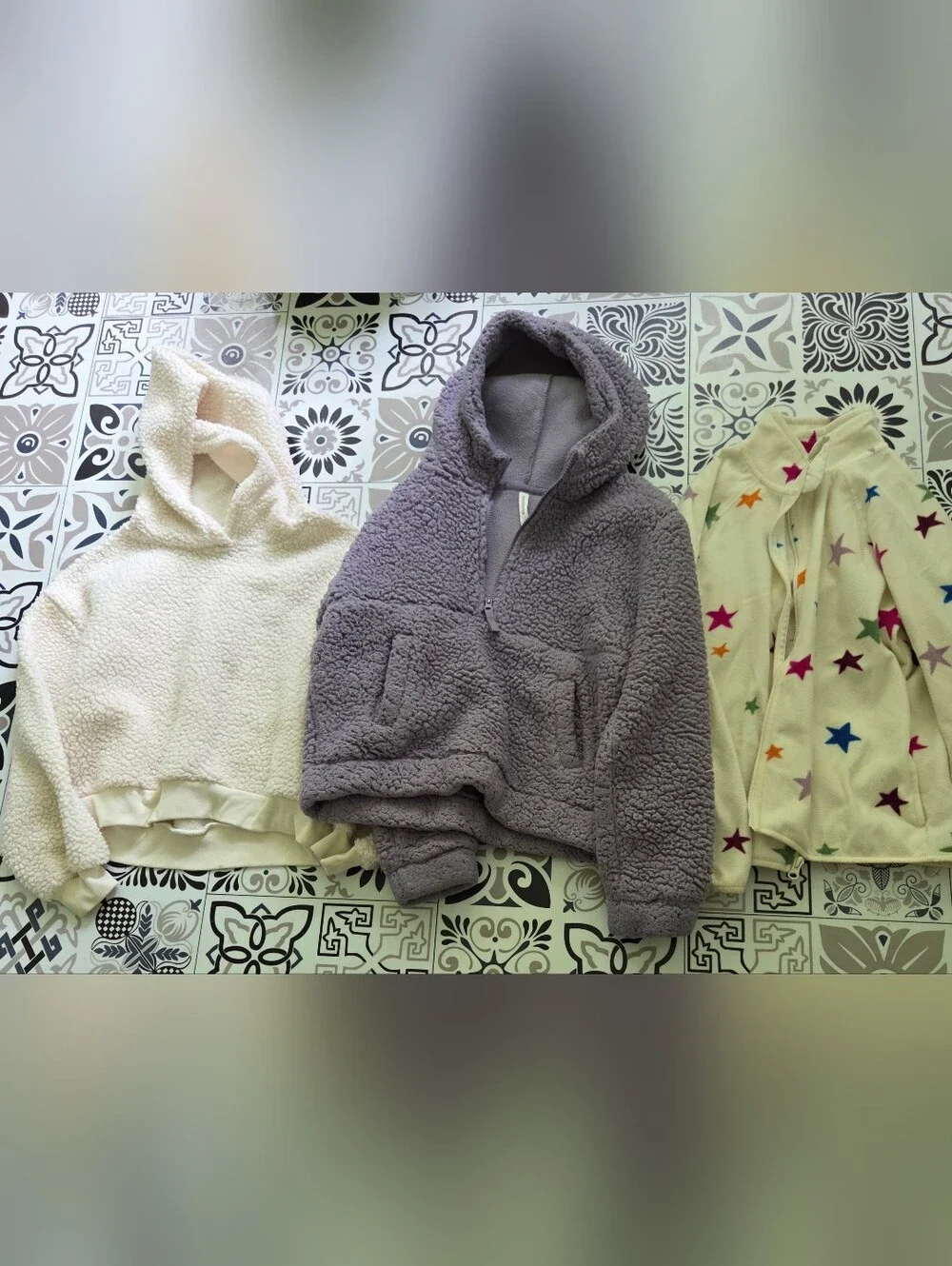 3 Jackets, 2 Kids Plush Hooded Jacket 1 White, 1 Lavendar Sherpa Style, 14/16